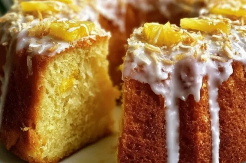 Slice of Pineapple Coconut Pound Cake with tropical fruits on a plate