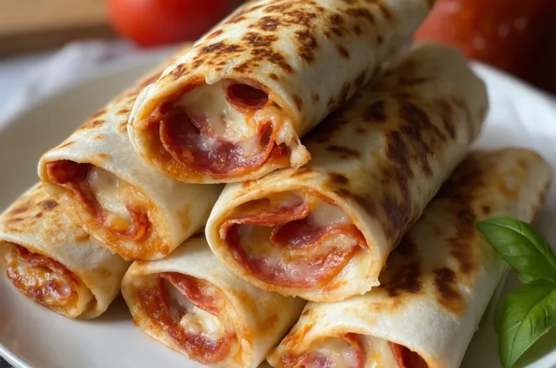 A delicious pizza burrito filled with cheese, sauce, and fresh toppings.