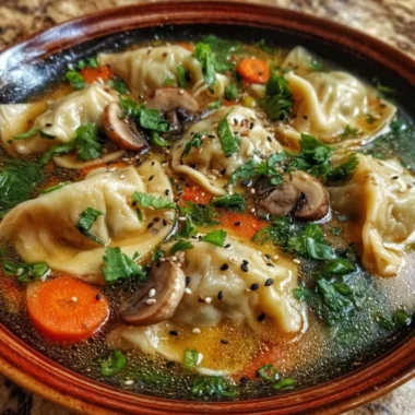 Bowl of savory Potsticker Soup with dumplings and vegetables