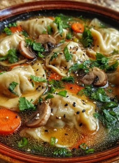 Bowl of savory Potsticker Soup with dumplings and vegetables