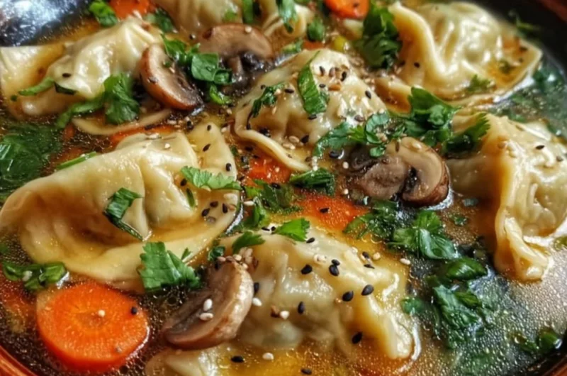 Bowl of savory Potsticker Soup with dumplings and vegetables