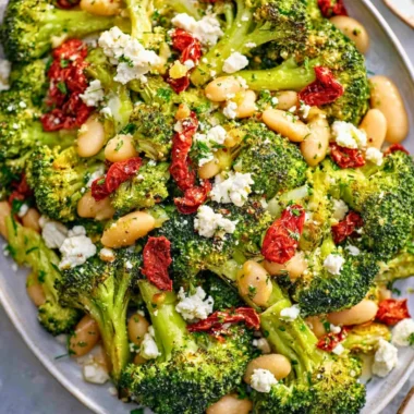 Roasted broccoli salad with butter beans and lemon dressing in a bowl