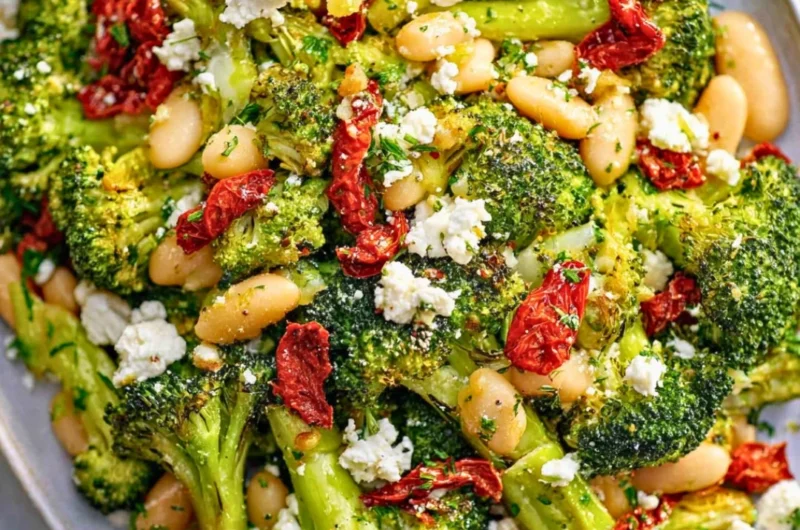 Roasted broccoli salad with butter beans and lemon dressing in a bowl