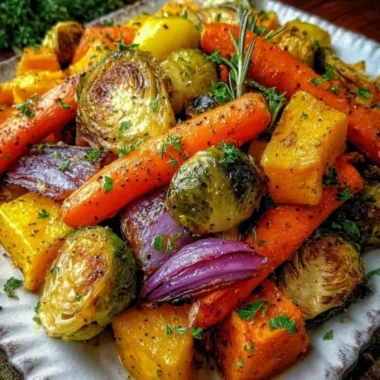 A festive platter of roasted Christmas vegetables including carrots, Brussels sprouts, and parsnips.