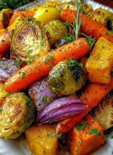 A festive platter of roasted Christmas vegetables including carrots, Brussels sprouts, and parsnips.