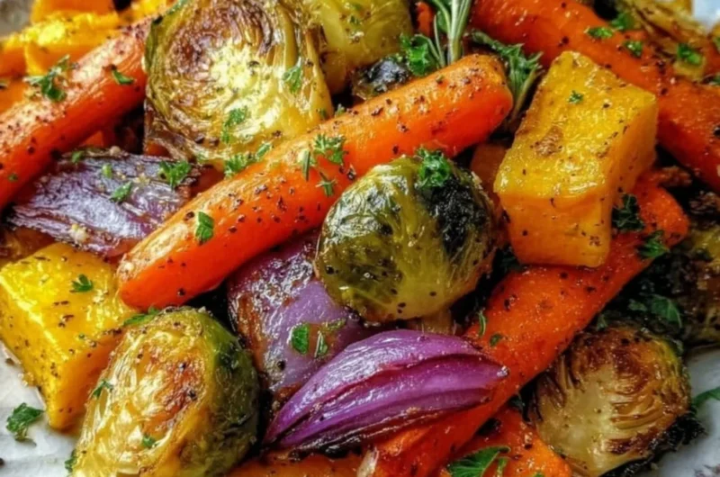 A festive platter of roasted Christmas vegetables including carrots, Brussels sprouts, and parsnips.