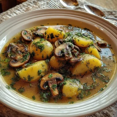 Bowl of Russian potato mushroom soup garnished with herbs