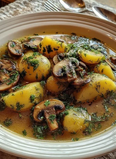 Bowl of Russian potato mushroom soup garnished with herbs