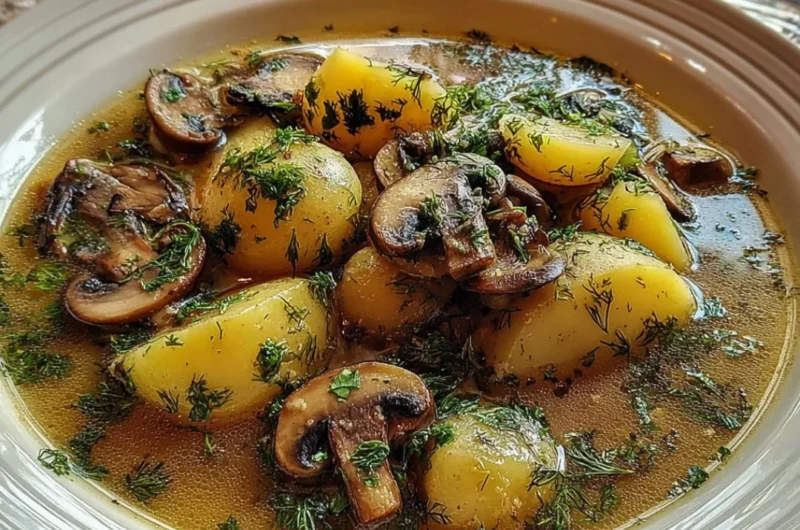 Bowl of Russian potato mushroom soup garnished with herbs