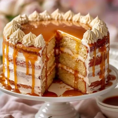 Slice of moist Salted Caramel Cake with drizzled caramel topping