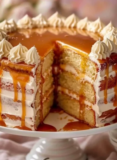 Slice of moist Salted Caramel Cake with drizzled caramel topping