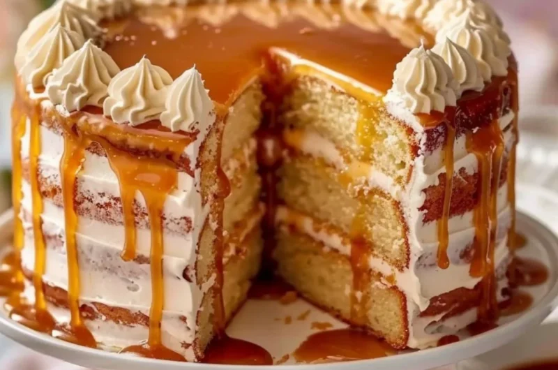 Slice of moist Salted Caramel Cake with drizzled caramel topping