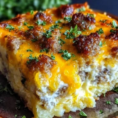 Sausage, Egg, and Cream Cheese Hashbrown Casserole in a baking dish