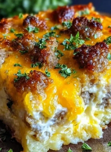 Sausage, Egg, and Cream Cheese Hashbrown Casserole in a baking dish