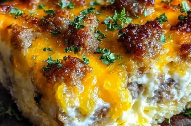 Sausage, Egg, and Cream Cheese Hashbrown Casserole in a baking dish