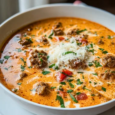 Bowl of Sausage Tomato Cream Cheese Soup with fresh herbs on top