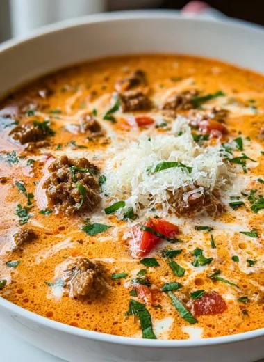 Bowl of Sausage Tomato Cream Cheese Soup with fresh herbs on top