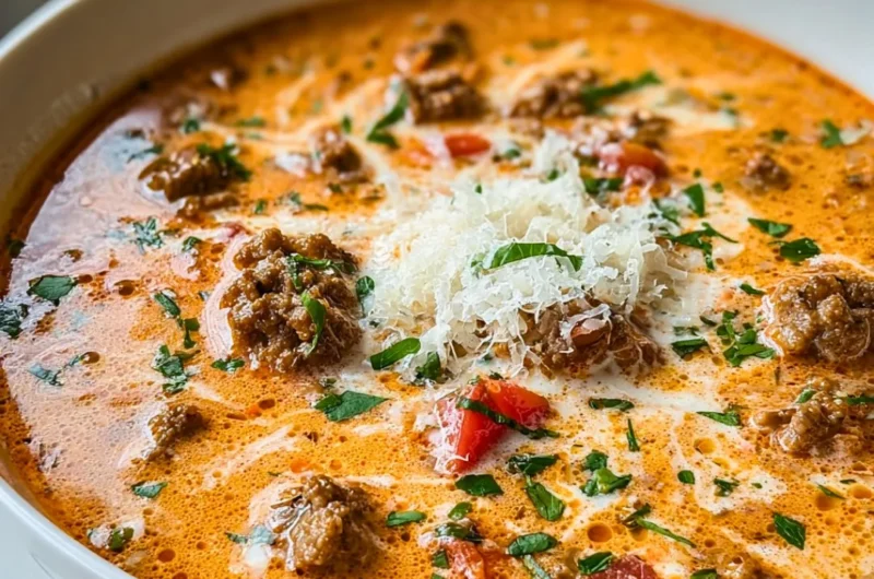 Bowl of Sausage Tomato Cream Cheese Soup with fresh herbs on top