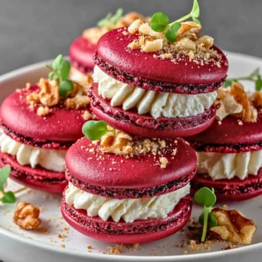 Savory beet macarons filled with goat cheese on a rustic wooden surface