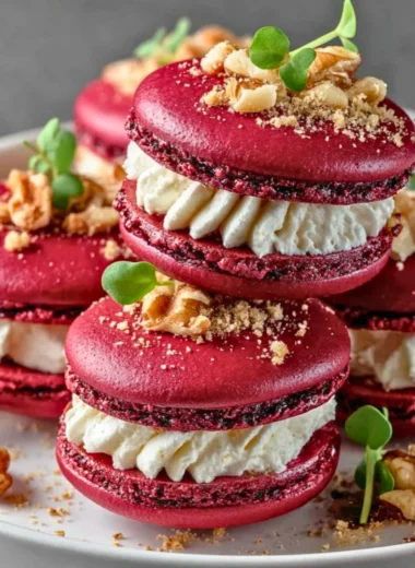 Savory beet macarons filled with goat cheese on a rustic wooden surface
