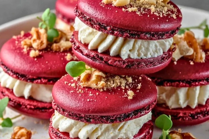 Savory beet macarons filled with goat cheese on a rustic wooden surface