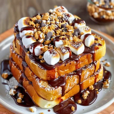 Delicious S’mores French Toast topped with chocolate and marshmallows.
