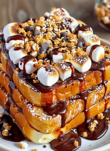 Delicious S’mores French Toast topped with chocolate and marshmallows.