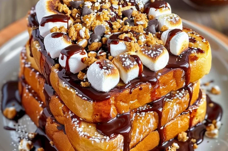 Delicious S’mores French Toast topped with chocolate and marshmallows.