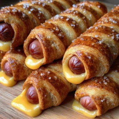 Soft baked cheesy pretzel dogs with melted cheese and golden brown pretzel crust