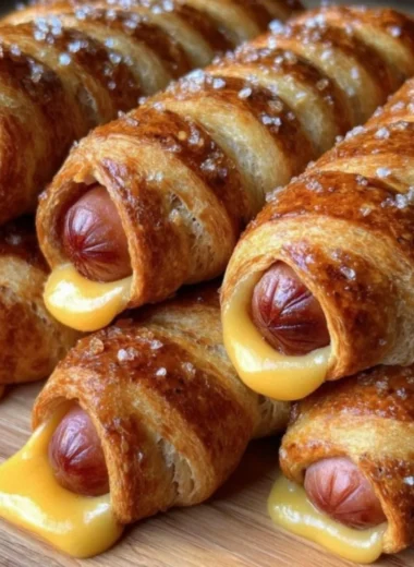 Soft baked cheesy pretzel dogs with melted cheese and golden brown pretzel crust