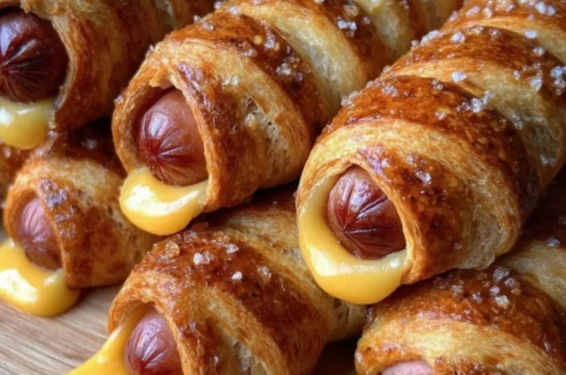 Soft baked cheesy pretzel dogs with melted cheese and golden brown pretzel crust