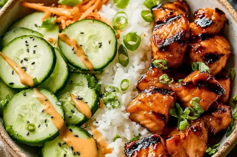 Spicy salmon bowls with fresh vegetables and rice, garnished for a flavorful dish.