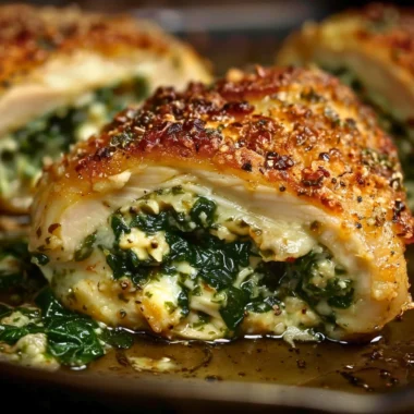 Spinach stuffed chicken breast baked to perfection with savory filling.