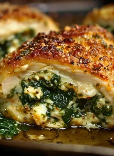 Spinach stuffed chicken breast baked to perfection with savory filling.