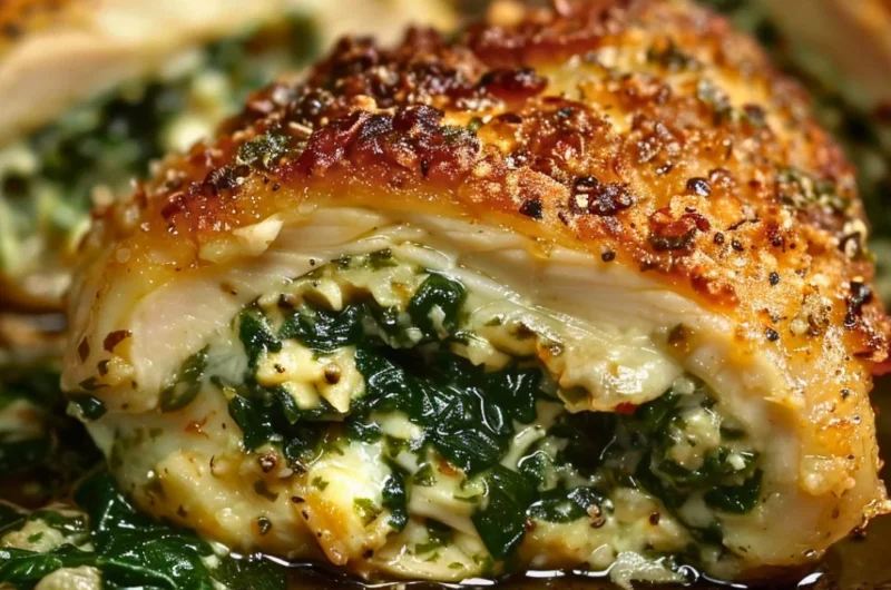 Spinach stuffed chicken breast baked to perfection with savory filling.