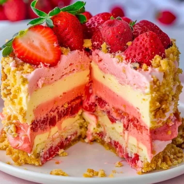 Delicious strawberry cheesecake crunch dessert with fresh strawberries and creamy filling