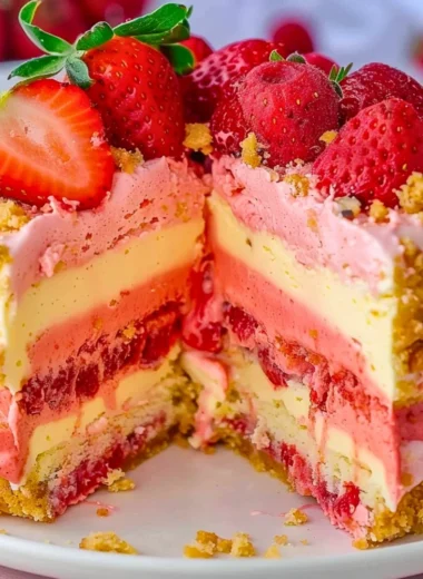 Delicious strawberry cheesecake crunch dessert with fresh strawberries and creamy filling