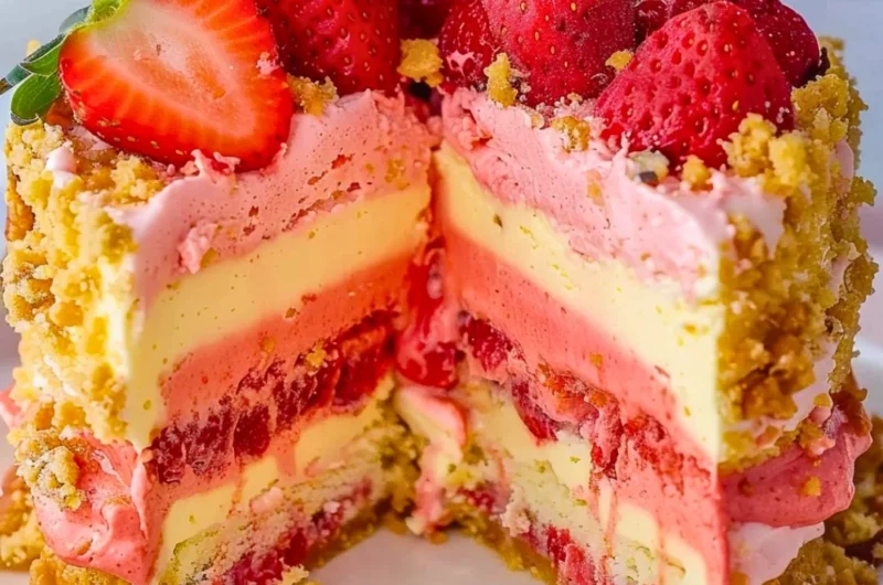 Delicious strawberry cheesecake crunch dessert with fresh strawberries and creamy filling