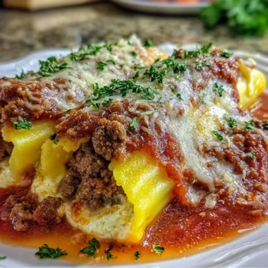 Delicious stuffed manicotti with rich meat sauce ready to serve.