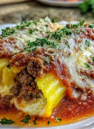 Delicious stuffed manicotti with rich meat sauce ready to serve.