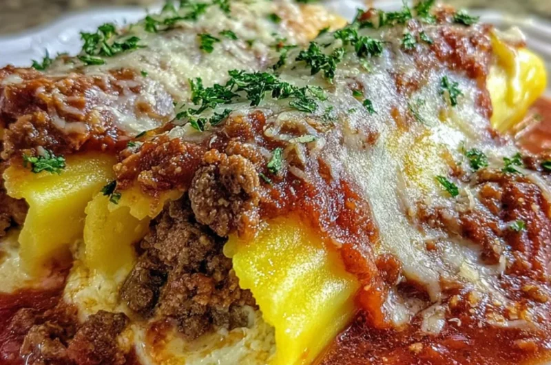 Delicious stuffed manicotti with rich meat sauce ready to serve.