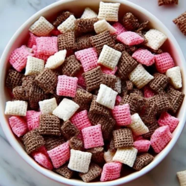Sweet Easy Neapolitan Puppy Chow Snack Mix in a colorful bowl