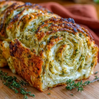 Freshly baked swirled garlic herb cheese bread with melted cheese