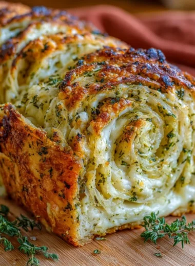 Freshly baked swirled garlic herb cheese bread with melted cheese