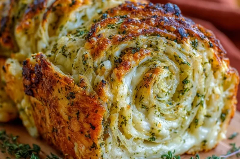 Freshly baked swirled garlic herb cheese bread with melted cheese
