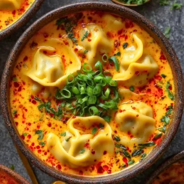 A bowl of Thai Coconut Curry Soup with dumplings topped with fresh herbs.