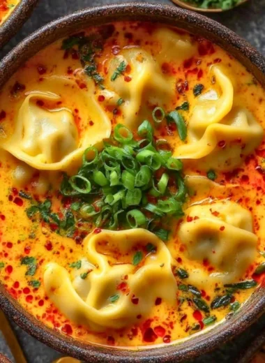 A bowl of Thai Coconut Curry Soup with dumplings topped with fresh herbs.