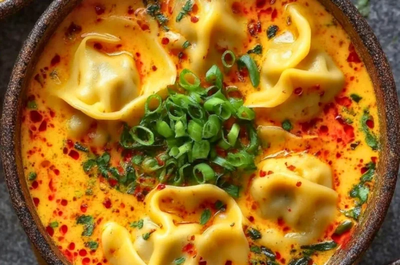 A bowl of Thai Coconut Curry Soup with dumplings topped with fresh herbs.