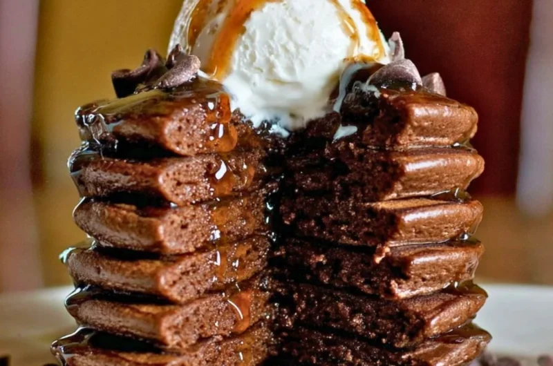 Delicious chocolate protein pancakes stacked with syrup and fruit on top