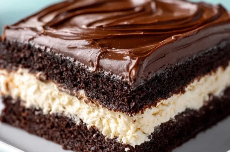 Delicious slice of amazing Ding Dong Cake with chocolate and cream filling